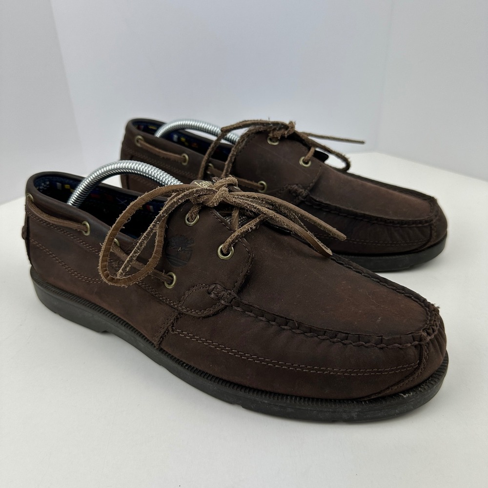 Timberland Mens Boat Shoes Dark Brown Leather Moc Toe Loafers Nautical Size 10